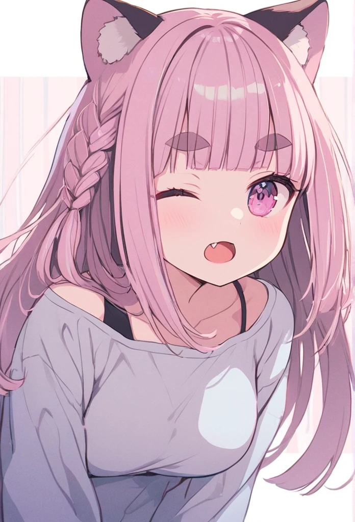 anime,(pale colors:1.8),long shot, 1girl, (on right:1.3), full body, solo, grin, smile, closed eyes, dynamic angle, seven pose, fang, pink hair, long hair, straight hair, racoon ears, racoon tail, (brown streaked hair:1.3), side braid, (blunt bangs) ,thick eyebrows, big breast, off shoulder clothes, cutout, heart background, shadow,