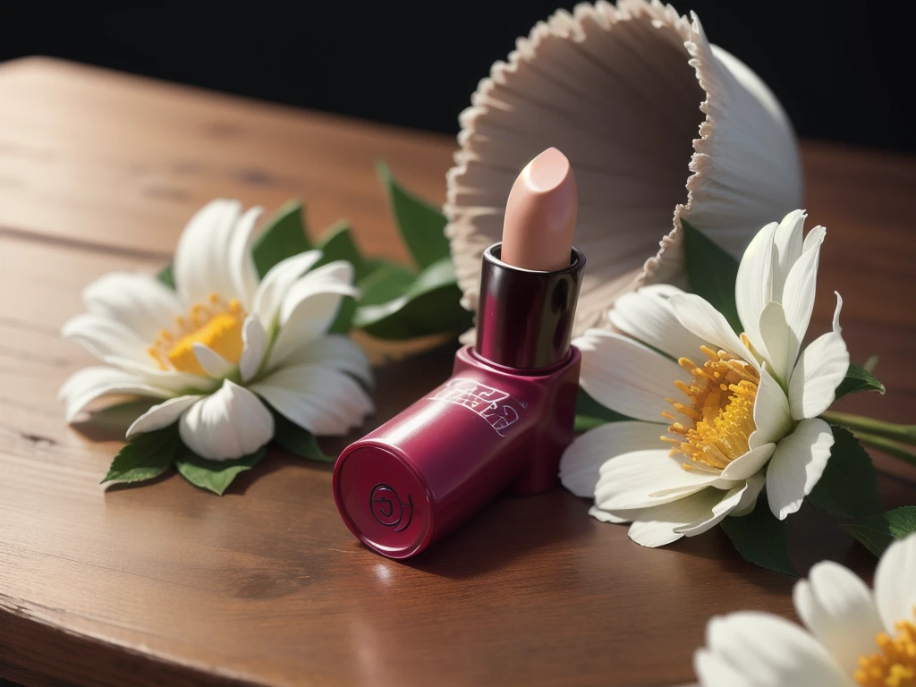 a close up of a lipstick on a table with a shadow, studio product shot, studio product photography, studio packshot, close - up studio photo, studio shot, studio quality product, product studio lighting, lipgloss, professional product shot, dramatic product shot, professional product photo, studio lit, studio lighting ; photorealistic, clipstudio, close-up product photo , White Flowers around the product