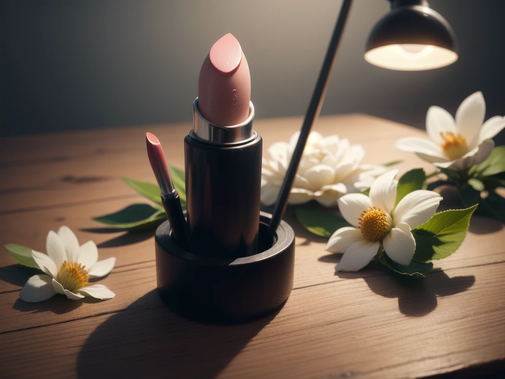 a close up of a lipstick on a table with a shadow, studio product shot, studio product photography, studio packshot, close - up studio photo, studio shot, studio quality product, product studio lighting, lipgloss, professional product shot, dramatic product shot, professional product photo, studio lit, studio lighting ; photorealistic, clipstudio, close-up product photo , White Flowers around the product