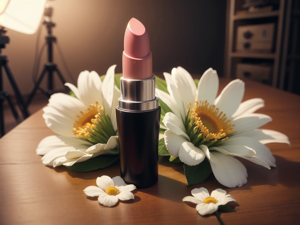 a close up of a lipstick on a table with a shadow, studio product shot, studio product photography, studio packshot, close - up studio photo, studio shot, studio quality product, product studio lighting, lipgloss, professional product shot, dramatic product shot, professional product photo, studio lit, studio lighting ; photorealistic, clipstudio, close-up product photo , White Flowers around the product