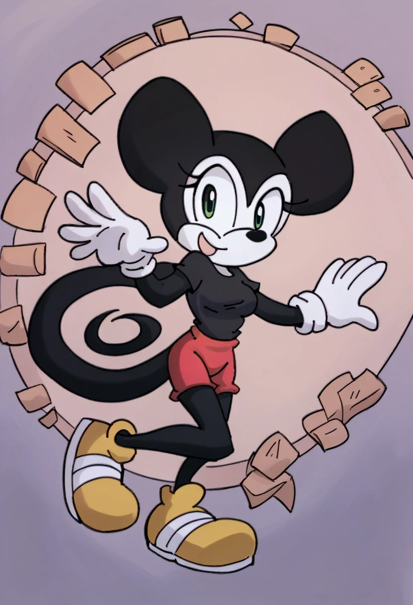 Mickey Mouse, female, green eyes, solo, black fur, yellow shoes, masterpiece, good anatomy, long tail, black shirt, red shorts, medium breasts, looking at viewer, happy