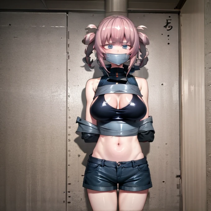 best quality, (masterpiece:1.2), highly detailed,
yofukashi background, 
1girl, solo, 
nanakusa nazusa, annoyed, nervous
Standing, looking at the viewer, mouth gagged, mouth taped, fang,
blue eyes, pink hair, hair rings, 
sleeveless turtleneck, cleavage cutout, navel, huge breasts, wrists taped, arms taped, arms behind back, very close to viewer, short shorts, tigh highs, breast groped