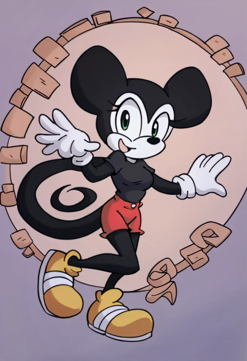 Mickey Mouse, female, green eyes, solo, black fur, yellow shoes, masterpiece, good anatomy, long tail, black shirt, red shorts, medium breasts, looking at viewer, happy