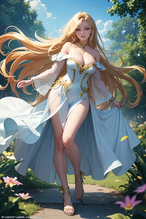 (Highest quality,Super detailed,High resolution,masterpiece,8K),Bright and vibrant colors,Official artwork,Stylish makeup,Long blonde hair fluttering in the wind,Captivating eyes,Glossy Lips,Off the shoulder、Cute girl with ample breasts,Beautiful neck line, Holding,Captivating smile,A solemn atmosphere,Full Body Shot,