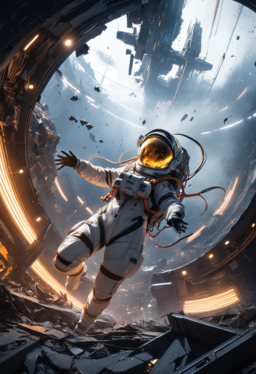 a girl in a destroyed spacecraft, floating in zero gravity, surrounded by the delicate debris of the broken ship, wearing a torn spacesuit, reaching out for help, cinematic lighting, dramatic composition, vibrant colors, highly detailed, intricate, photorealistic, award winning digital art, stunning sci-fi, concept art, dramatic lighting, volumetric fog, depth of field, glowing lights, detailed textures, 8K, HDR, physically-based rendering