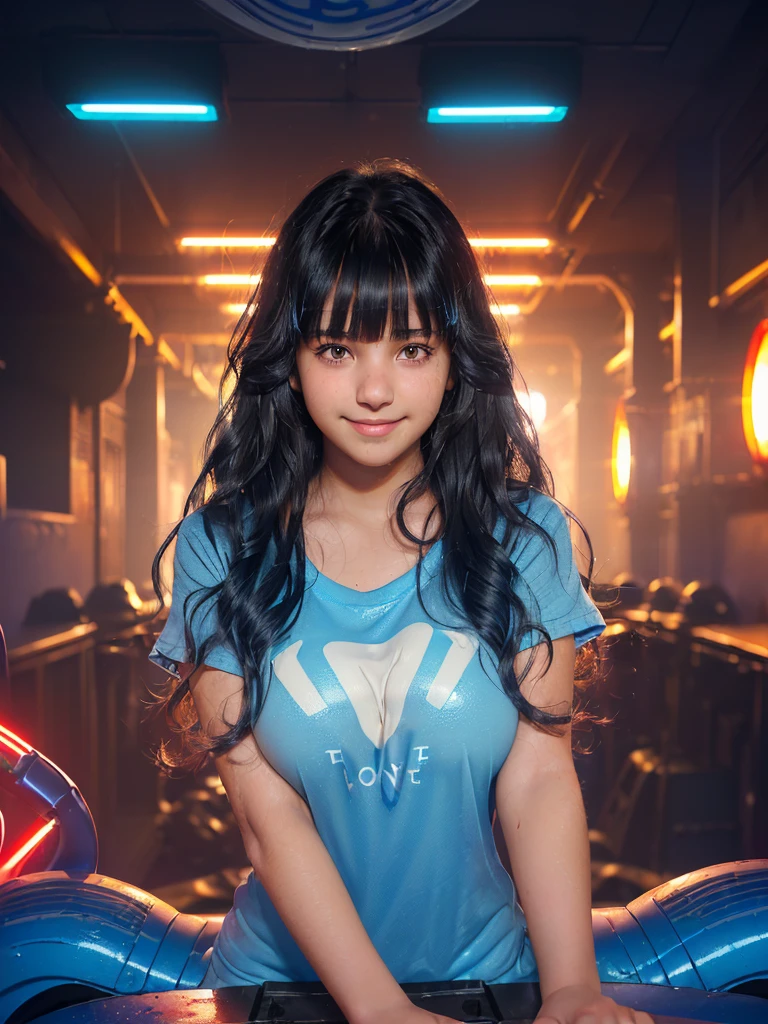 (teen girl with big breasts:1.3), (messy bangs:1.3),(smile:1.3),(long blue spread wavy hair:1.5), (hidden area with red lights:1.5), (shiny black hair :1.2),(white skin girl:1.4),(beautiful face:1.3),(gigantic boobs:1.4) (cute nose:1.5),(beautiful skin:1.3),
(short T-shirts :1.5),(colorful:1.1),,(neatly groomed hair :1.2),(lot of pigments :1.4),( bangs :1.3)