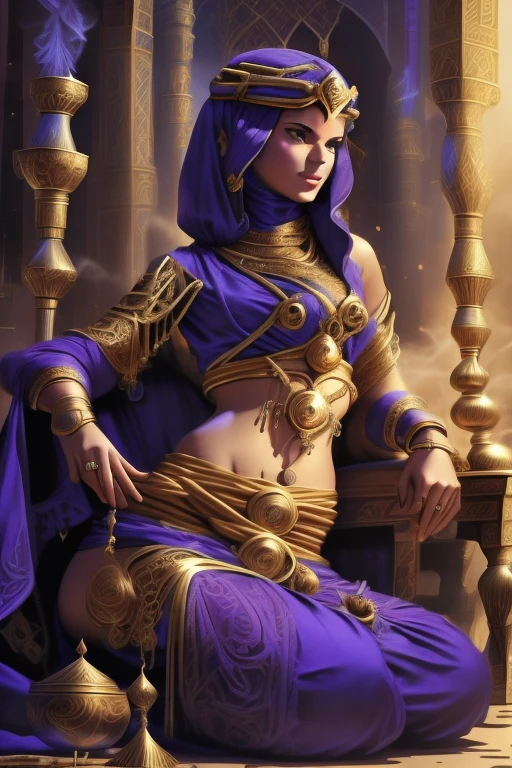 portrait, young woman, Emma Watson, solo, ((medieval Arabian harem, ArAr)), pornstar, ((genie bottle, genie lamp, harem clothes, veil, hijab, pile of ornate pillows)), sweating. ((reclining)), away, long hair, ((hookah smoke curling around)), ((Djinn, genie, legs replaced with smoke)), DonMDj1nnM4g1cXL 