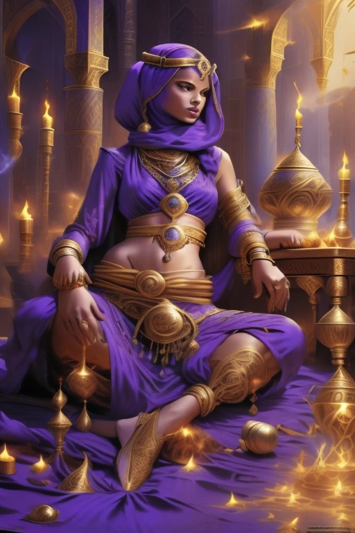 portrait, young woman, Emma Watson, solo, ((medieval Arabian harem, ArAr)), pornstar, ((genie bottle, genie lamp, harem clothes, veil, hijab, pile of ornate pillows)), sweating. ((reclining)), away, long hair, ((hookah smoke curling around)), ((Djinn, genie, legs replaced with smoke)), DonMDj1nnM4g1cXL 