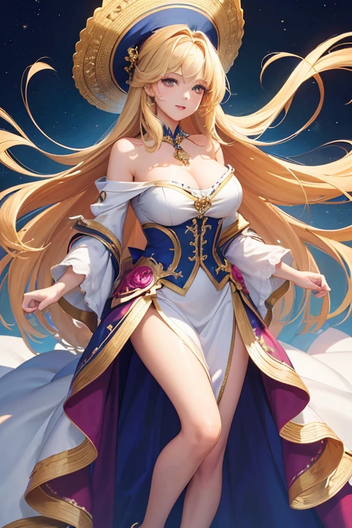 (Highest quality,Super detailed,High resolution,masterpiece,8K),Bright and vibrant colors,Official artwork,Stylish makeup,Long blonde hair fluttering in the wind,Captivating eyes,Glossy Lips,Off the shoulder、Cute girl with ample breasts,Beautiful neck line, Holding,Captivating smile,A solemn atmosphere,Full Body Shot,