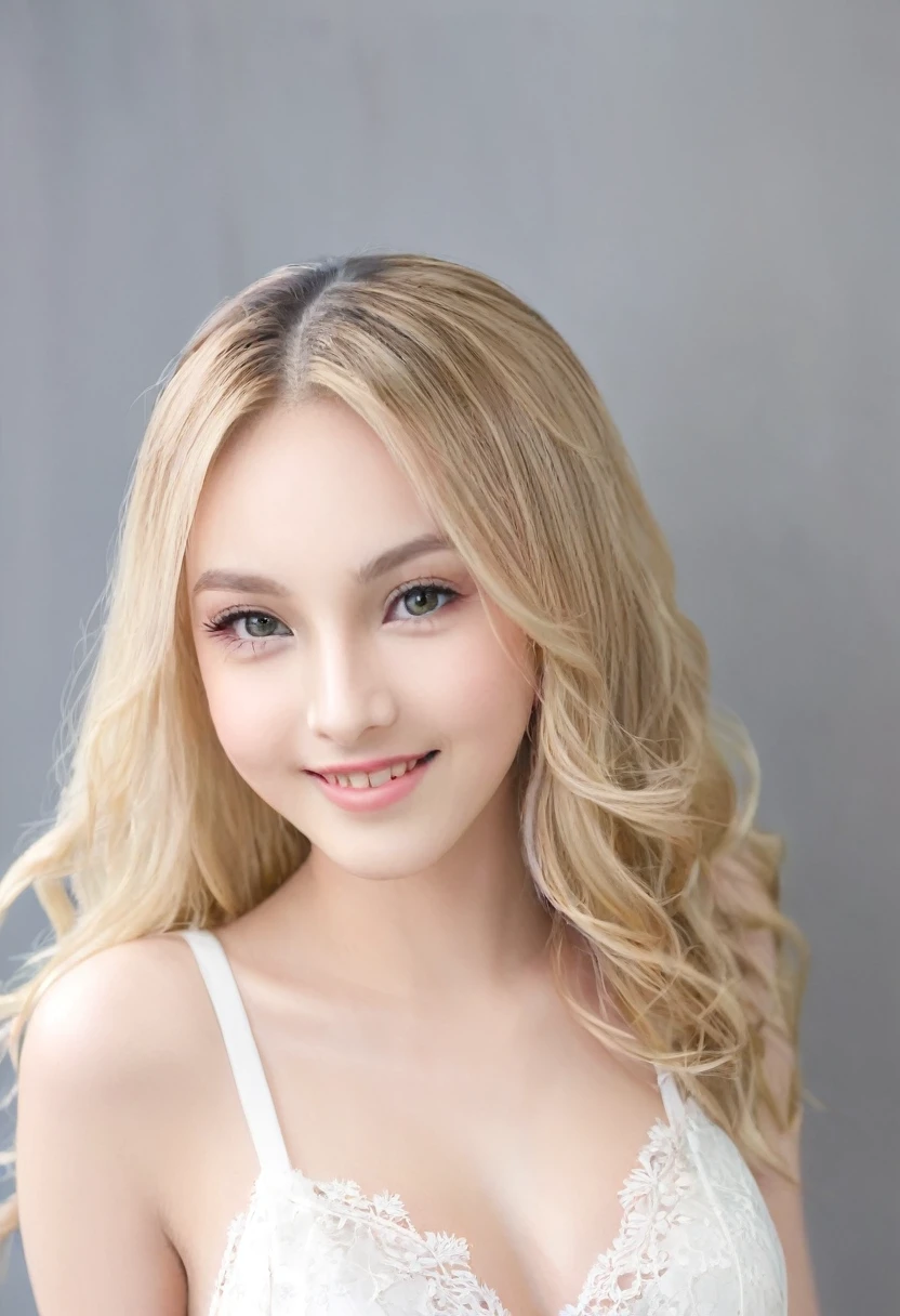 （（（European Caucasian Woman）））、（（（Mary, 18 years old）））、one person、Thin contours、Grey Eyes、Big Breasts、Narrow waist、White and translucent skin、Beautiful, shiny blonde medium-long hair、8-head-tall model style、White lace long dress、Waist-down angle、Tokyo city、smile