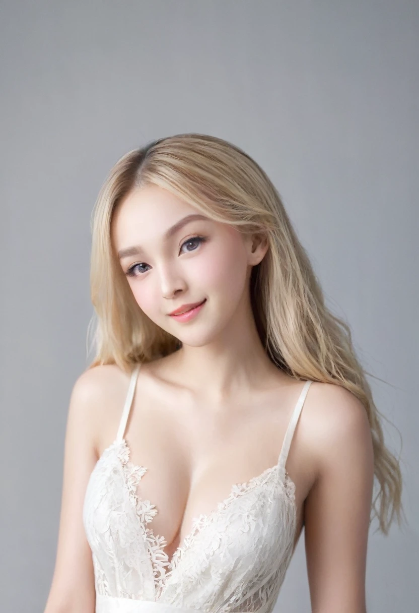 （（（European Caucasian Woman）））、（（（Mary, 18 years old）））、one person、Thin contours、Grey Eyes、Big Breasts、Narrow waist、White and translucent skin、Beautiful, shiny blonde medium-long hair、8-head-tall model style、White lace long dress、Waist-down angle、Tokyo city、smile