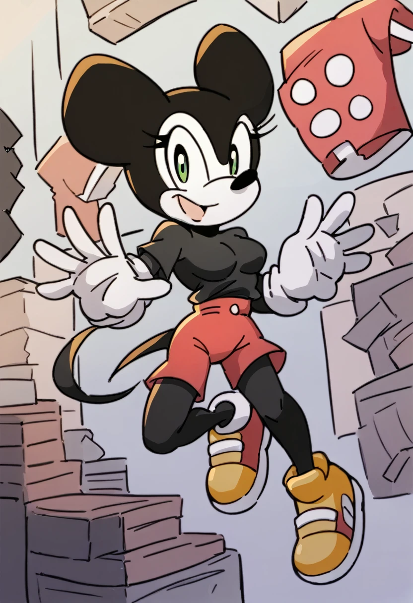 Mickey Mouse, female, green eyes, solo, black fur, yellow shoes, masterpiece, good anatomy, long tail, black shirt, red shorts, medium breasts, looking at viewer, happy