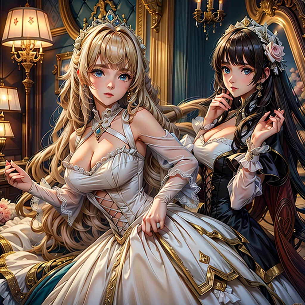 (((Very gorgeous and beautiful dresagenta Rococo Victorian gown with hoop skirt and long hem))), (Solo Female :1.2:Huge breasts:1.2), (Expressive hair:1.2:Very voluminous、Very long hair:1.2), bangs, Blonde, (whole body:1.3), (Super delicate face:1.3:masterpiece:1.3:Super detailed:1.3:Very delicate and beautiful:1.2:unity 16k wallpaper:1.1), (Moe anime art style:1.1),