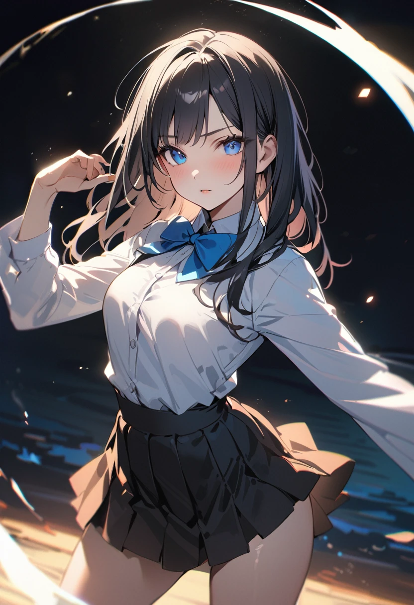 BREAK 1 girl, long hair, black hair, straight hair, short bangs above brows, blue eyes, expressionness, open mouth, looking at viewer,
BREAK (masterpiece), (high resolution 8K), cinematic lighting, professional lighting, detailed eyes and face, detailed body,
BREAK white shirt, blue bowtie, pleated skirt,
BREAK very wide, panorama view, sense of depth, shot from front,
BREAK Visual impact ,(spooky:1.5),imagination,(glitch art:1.3),(revolve round:1.3),fluorescent ,( Fibonacci spiral :1.3),(galaxy:1.5),(extreme detailed effect:1.5),(Lightning and body Interweave:1.5),(milky way:1.3),(goddess:1.5),