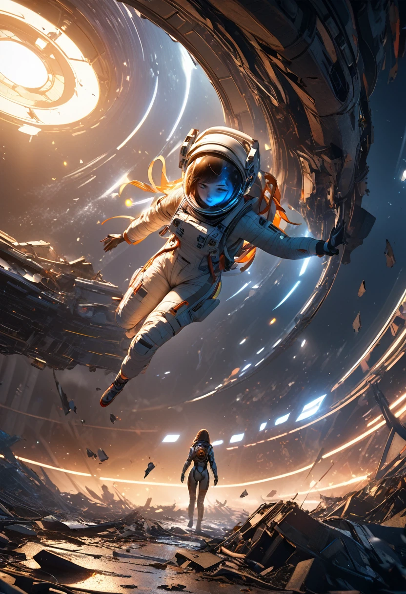 a girl in a destroyed spacecraft, floating in zero gravity, surrounded by the delicate debris of the broken ship, wearing a torn spacesuit, reaching out for help, cinematic lighting, dramatic composition, vibrant colors, highly detailed, intricate, photorealistic, award winning digital art, stunning sci-fi, concept art, dramatic lighting, volumetric fog, depth of field, glowing lights, detailed textures, 8K, HDR, physically-based rendering