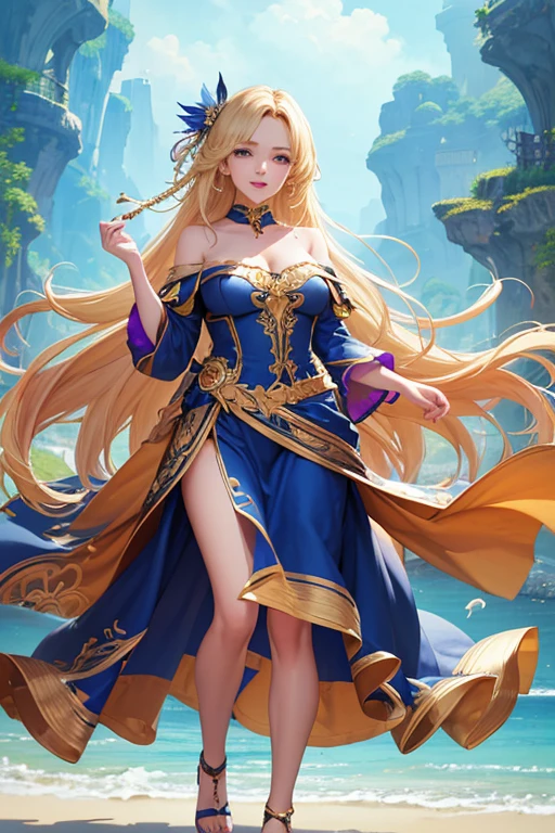 (Highest quality,Super detailed,High resolution,masterpiece,8K),Bright and vibrant colors,Official artwork,Stylish makeup,Long blonde hair fluttering in the wind,Captivating eyes,Glossy Lips,Off the shoulder、Cute girl with ample breasts,Beautiful neck line, Holding,Captivating smile,A solemn atmosphere,Full Body Shot,