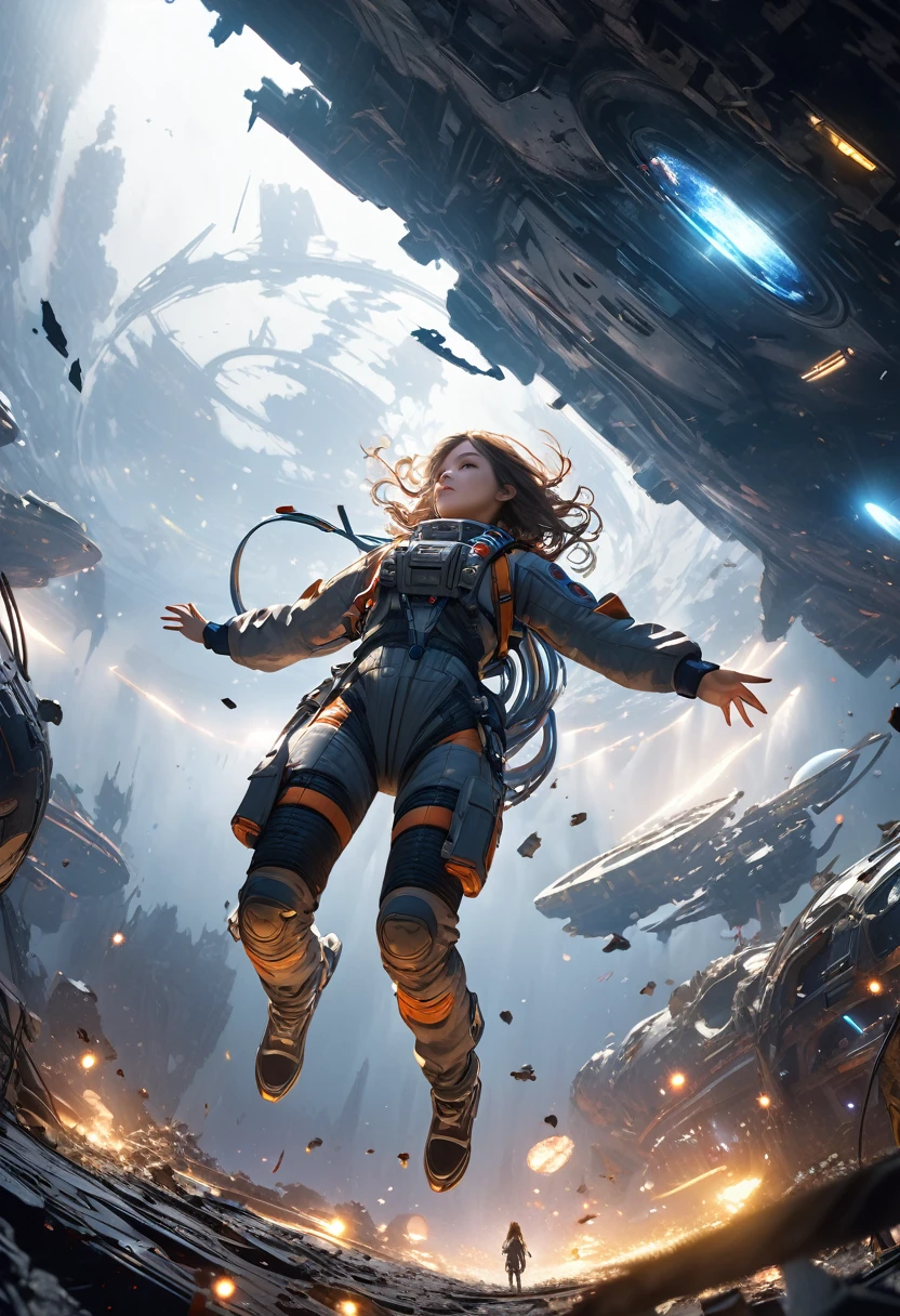 a girl in a destroyed spacecraft, floating in zero gravity, surrounded by the delicate debris of the broken ship, wearing a torn spacesuit, reaching out for help, cinematic lighting, dramatic composition, vibrant colors, highly detailed, intricate, photorealistic, award winning digital art, stunning sci-fi, concept art, dramatic lighting, volumetric fog, depth of field, glowing lights, detailed textures, 8K, HDR, physically-based rendering