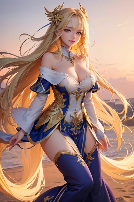 (Highest quality,Super detailed,High resolution,masterpiece,8K),Bright and vibrant colors,Official artwork,Stylish makeup,Long blonde hair fluttering in the wind,Captivating eyes,Glossy Lips,Off the shoulder、Cute girl with ample breasts,Beautiful neck line, Holding,Captivating smile,A solemn atmosphere,Full Body Shot,
