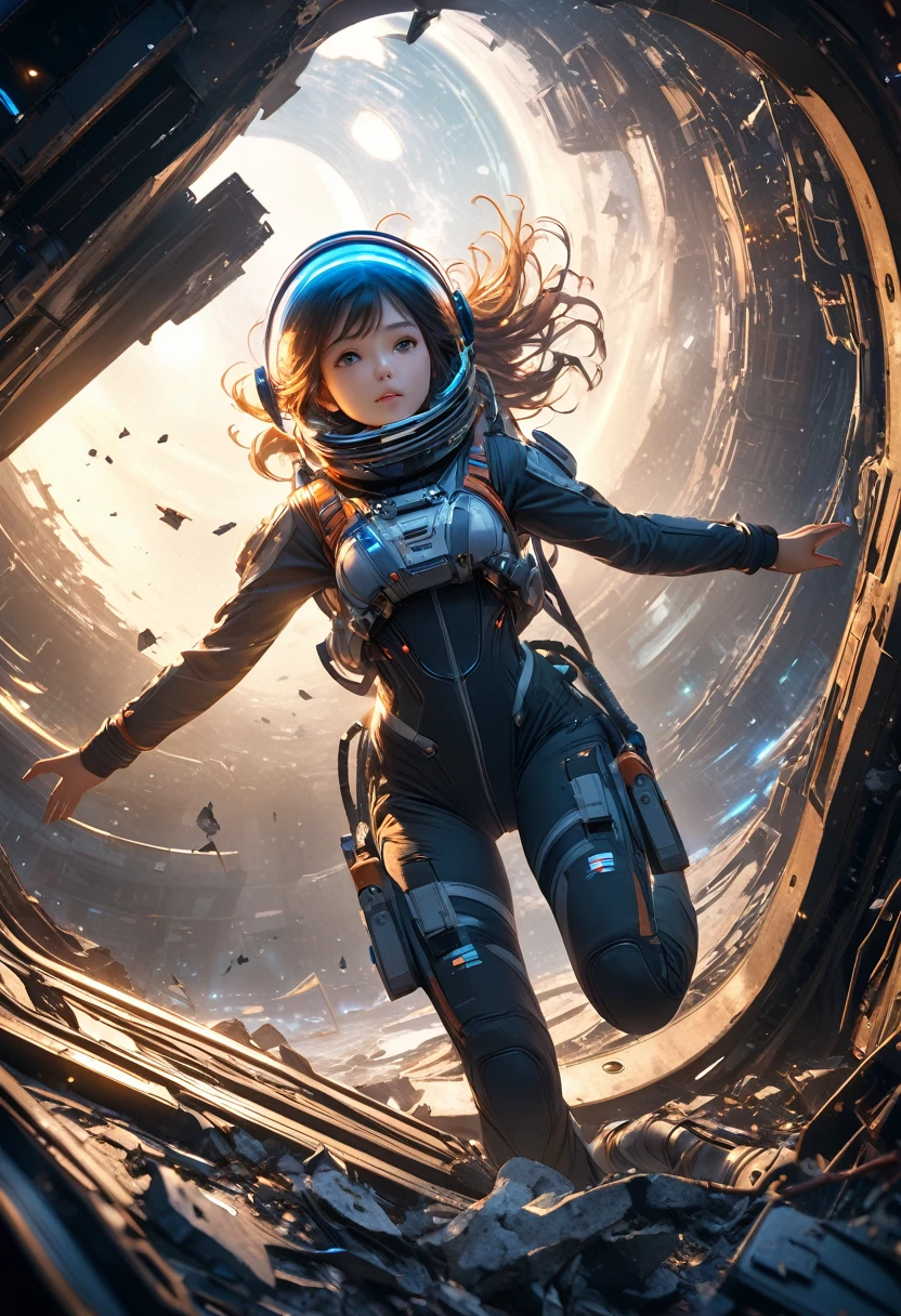 a girl in a destroyed spacecraft, floating in zero gravity, surrounded by the delicate debris of the broken ship, wearing a torn spacesuit, reaching out for help, cinematic lighting, dramatic composition, vibrant colors, highly detailed, intricate, photorealistic, award winning digital art, stunning sci-fi, concept art, dramatic lighting, volumetric fog, depth of field, glowing lights, detailed textures, 8K, HDR, physically-based rendering