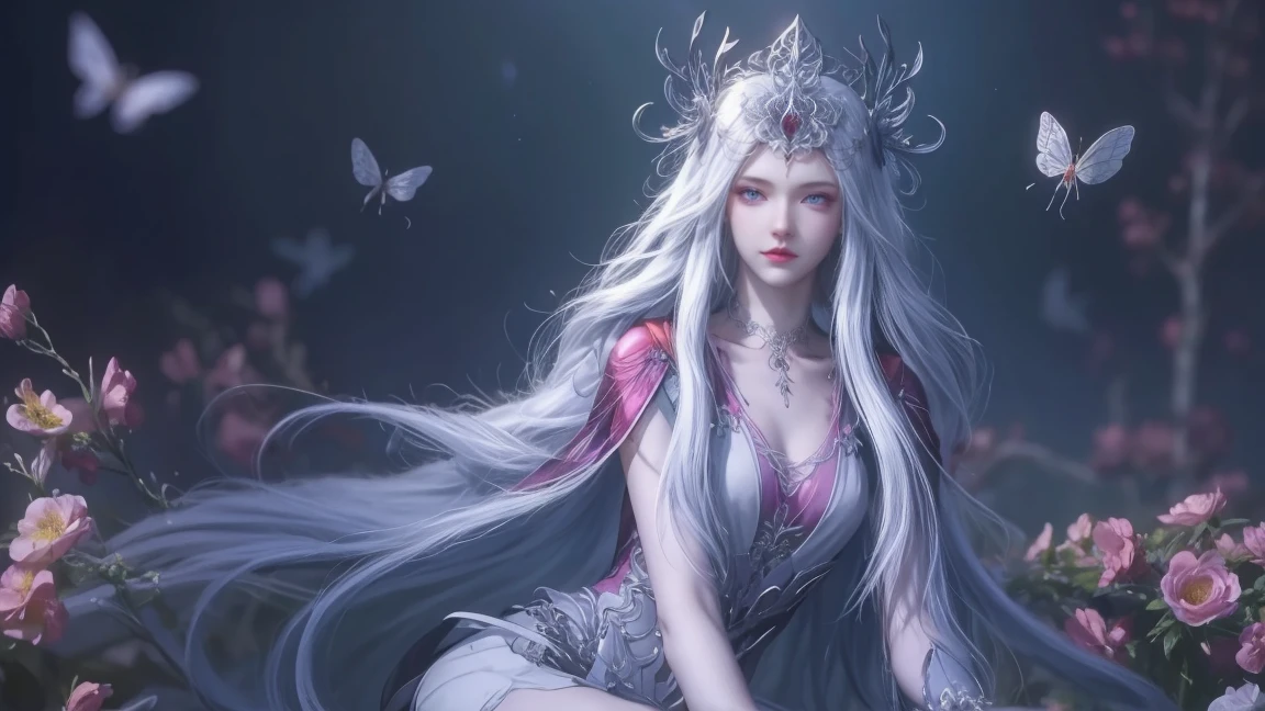 1girl, girl with long white hair, smiling, cheerful, girl is sitting among a wide expanse of flowers, surrounded by beautiful flowers, Calm and peaceful atmosphere, night, moonlight , Beautiful glowing butterflies surround the girl lighting up the darkness of the night, magic,Romantic, the night breeze blows the Sepoi Sepoi girl's hair, 