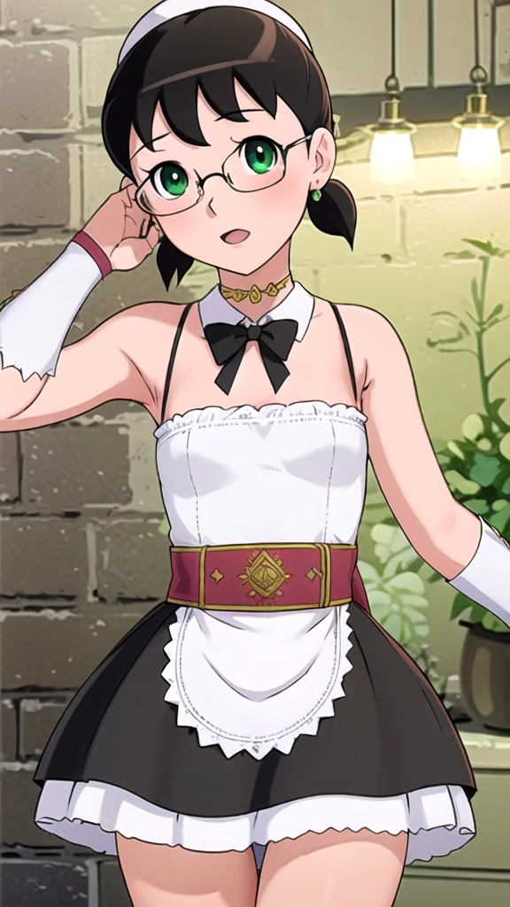 highres, sharp focus, pixiv masterpiece, ((intricate details)), highly detailed, yuri alpha, 1girl, black hair, ( spikes,:1.1) , green eyes, maid, single hair bun, dress, choker, bowtie, maid apron, 
