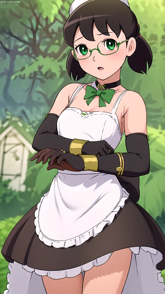 highres, sharp focus, pixiv masterpiece, ((intricate details)), highly detailed, yuri alpha, 1girl, black hair, (green wristband, green gauntlets, spikes,:1.1) glasses, green eyes, maid, single hair bun, dress, choker, bowtie, maid apron, 