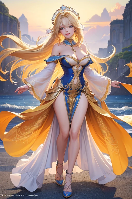 (Highest quality,Super detailed,High resolution,masterpiece,8K),Bright and vibrant colors,Official artwork,Stylish makeup,Long blonde hair fluttering in the wind,Captivating eyes,Glossy Lips,Off the shoulder、Cute girl with ample breasts,Beautiful neck line, Holding,Captivating smile,A solemn atmosphere,Full Body Shot,