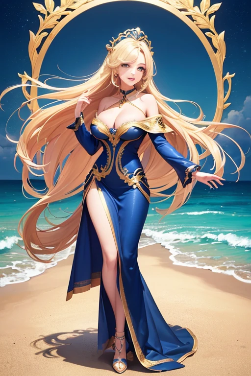 (Highest quality,Super detailed,High resolution,masterpiece,8K),Bright and vibrant colors,Official artwork,Stylish makeup,Long blonde hair fluttering in the wind,Captivating eyes,Glossy Lips,Off the shoulder、Cute girl with ample breasts,Beautiful neck line, Holding,Captivating smile,A solemn atmosphere,Full Body Shot,