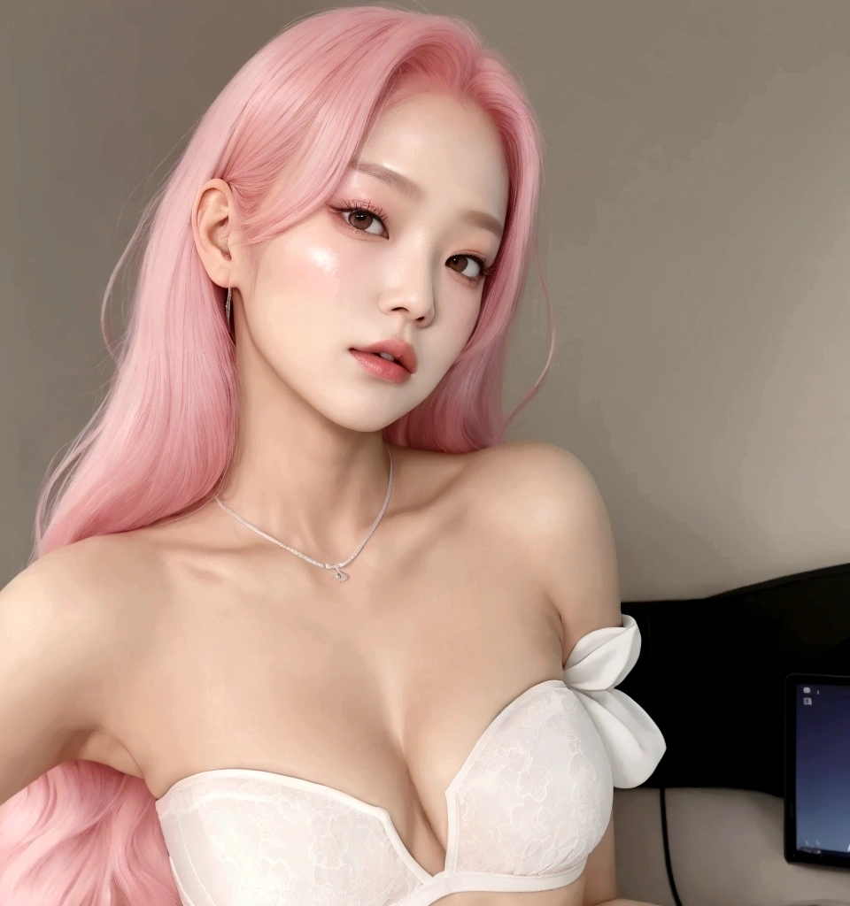 araffed woman with pink hair wearing a white bra top,  korean, with pink hair, yanjun chengt, heonhwa choe, linda mulher sul-korean, linda jovem korean, sun yunjoo, parque roseanne de blackpink, pink and smooth skin, korean artist, xintong chen, Tae June Kim, korean idol, jaeyeon nam, flowing pink hair