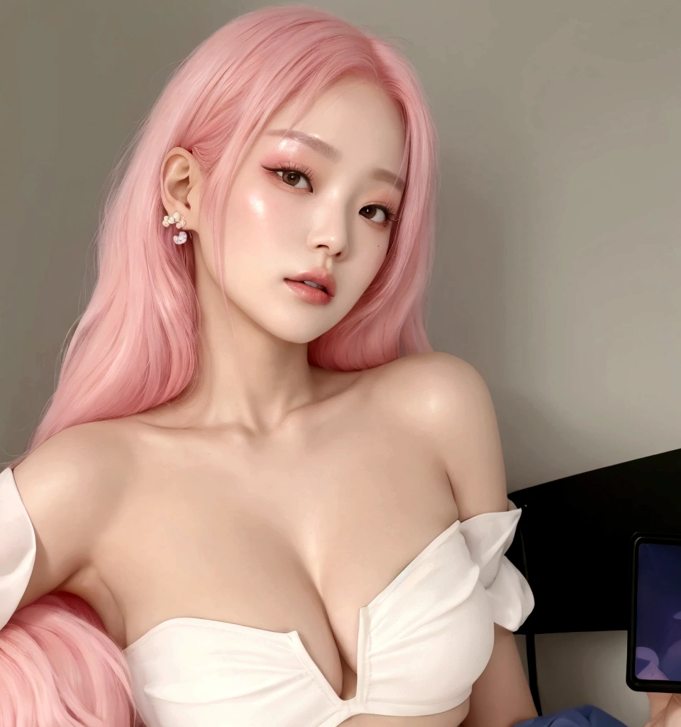 araffed woman with pink hair wearing a white bra top,  korean, with pink hair, yanjun chengt, heonhwa choe, linda mulher sul-korean, linda jovem korean, sun yunjoo, parque roseanne de blackpink, pink and smooth skin, korean artist, xintong chen, Tae June Kim, korean idol, jaeyeon nam, flowing pink hair