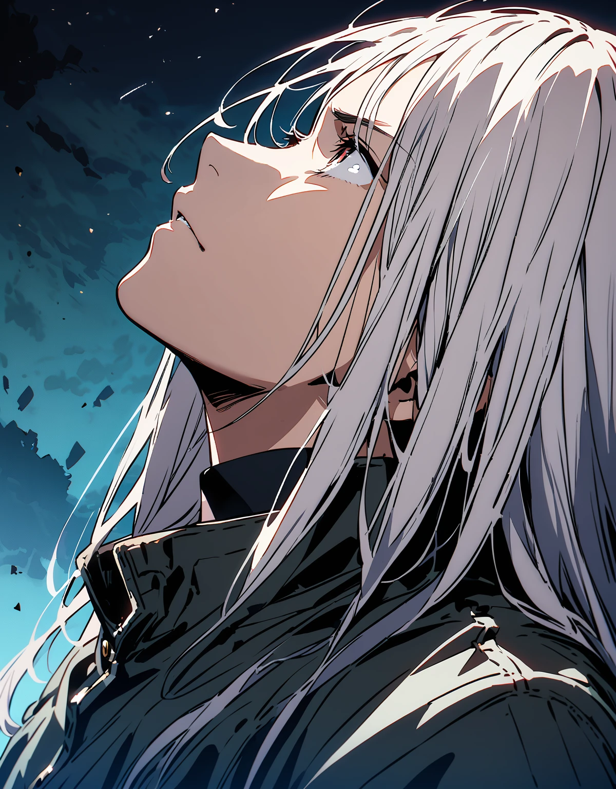 (whole body)Highest quality、Very high quality、high resolution、Serious face,(Detailed face), (Fine grain),白髪の  流れるような髪と長いwhole bodyローブ, Black boots,(The moon behind him),  White long hair,  (Looking up at the sky)profile,Background ruins,