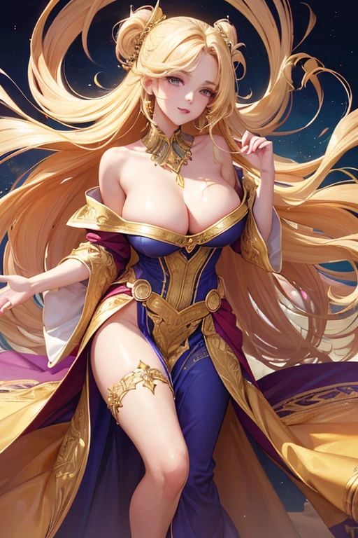 (Highest quality,Super detailed,High resolution,masterpiece,8K),Bright and vibrant colors,Official artwork,Stylish makeup,Long blonde hair fluttering in the wind,Captivating eyes,Glossy Lips,Off the shoulder、Cute girl with ample breasts,Beautiful neck line, Holding,Captivating smile,A solemn atmosphere,Full Body Shot,