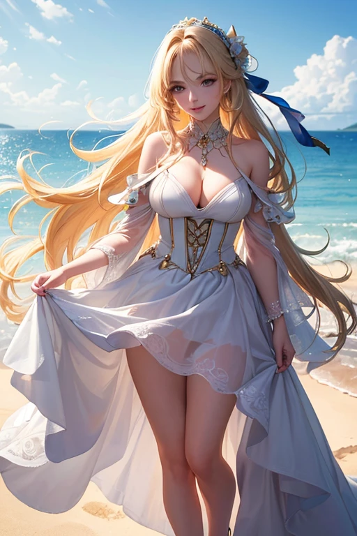 (Highest quality,Super detailed,High resolution,masterpiece,8K),Bright and vibrant colors,Official artwork,Stylish makeup,Long blonde hair fluttering in the wind,Captivating eyes,Glossy Lips,Off the shoulder、Cute girl with ample breasts,Beautiful neck line, Holding,Captivating smile,A solemn atmosphere,Full Body Shot,