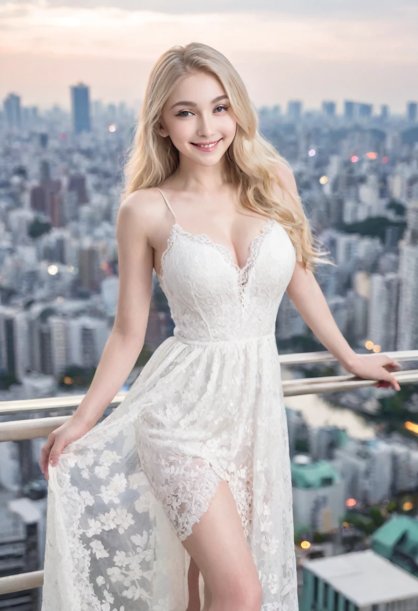 （（（European Caucasian Woman）））、（（（Mary, 18 years old）））、one person、Thin contours、Grey Eyes、Big Breasts、Narrow waist、White and translucent skin、Beautiful, shiny blonde medium-long hair、8-head-tall model style、White lace long dress、Waist-down angle、Tokyo city、smile