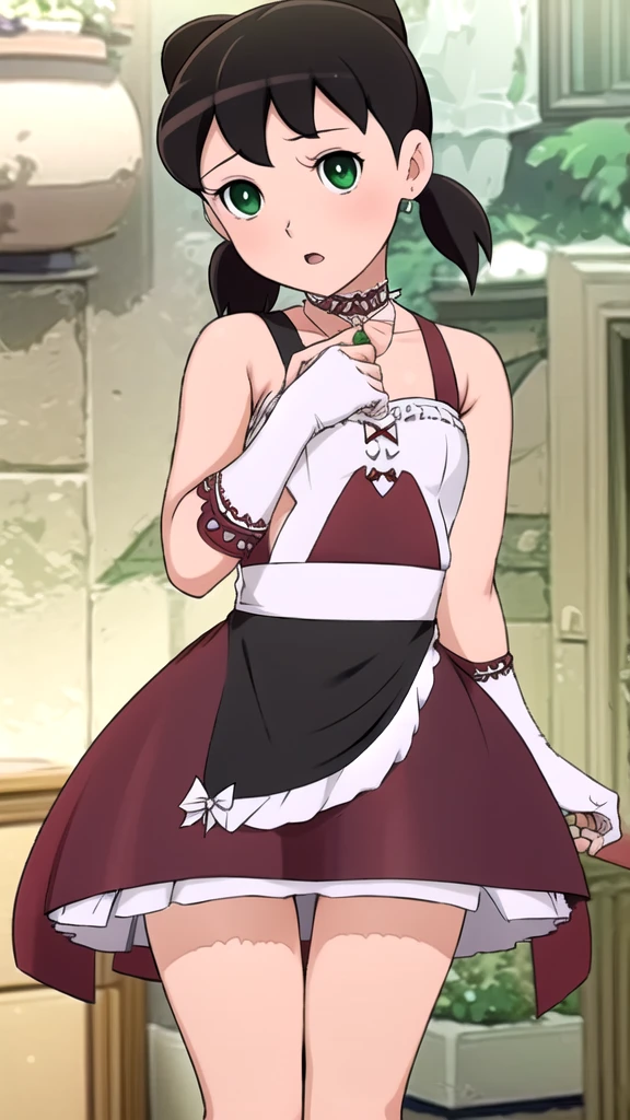 highres, sharp focus, pixiv masterpiece, ((intricate details)), highly detailed, yuri alpha, 1girl, black hair, ( spikes,:1.1) , green eyes, maid, single hair bun, dress, choker, bowtie, maid apron, 