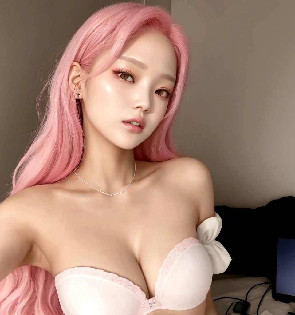 araffed woman with pink hair wearing a white bra top,  korean, with pink hair, yanjun chengt, heonhwa choe, linda mulher sul-korean, linda jovem korean, sun yunjoo, parque roseanne de blackpink, pink and smooth skin, korean artist, xintong chen, Tae June Kim, korean idol, jaeyeon nam, flowing pink hair