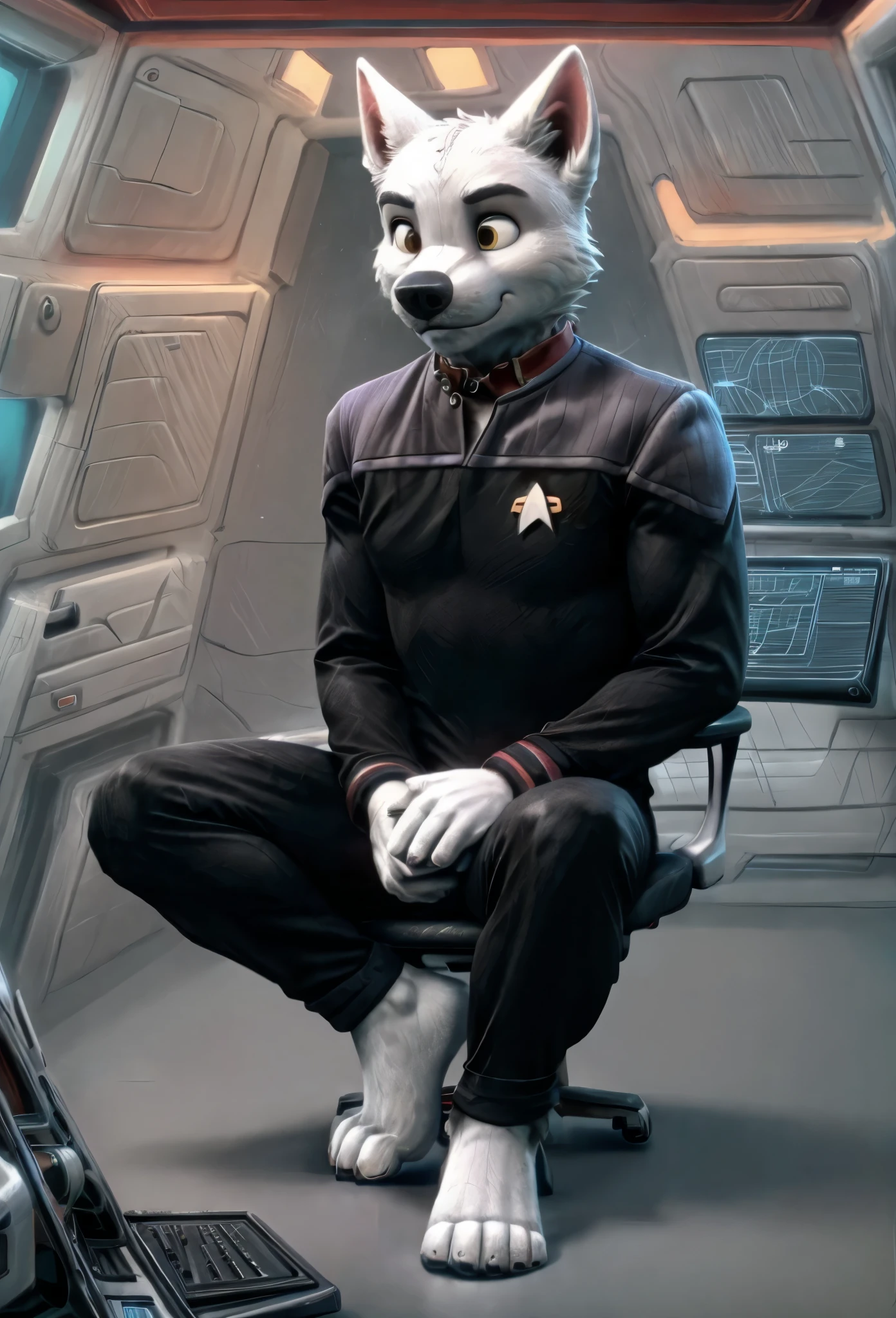 (((Barefoot furry character, full body, cinematic setting, furry male, plantigrade))) 

(((Bolt))) (anthro dog with white fur, very cute and young looking face, big black snout), exudes confidence and authority as he sits in the captain's chair, and his Star Trek DS9 uniform with the Starfleet Delta badge on his chest is a perfect match for his muscular figure. Handsome clawed feet paws dominate the bridge of the star ship and its crew. (((black and grey ds9st uniform with red collar))). ((Bridge of Star Trek starship with many screens and consoles as background)), futuristic look, metalic. anatomically correct, Long black pants, black shirt with gray shoulders, red collar.

BREAK, intricate details, highly detailed, extreme detail, octane render, fine art, best quality, highres, (detailed face:1.5), ((full_body)), UHD, (((perfect hands))), low light