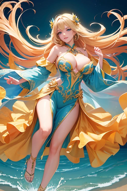 (Highest quality,Super detailed,High resolution,masterpiece,8K),Bright and vibrant colors,Official artwork,Stylish makeup,Long blonde hair fluttering in the wind,Captivating eyes,Glossy Lips,Off the shoulder、Cute girl with ample breasts,Beautiful neck line, Holding,Captivating smile,A solemn atmosphere,Full Body Shot,