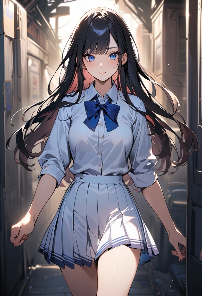 1 girl, long hair, black hair, straight hair, short bangs above brows, happy, 
BREAK (masterpiece), (high resolution 8K), cinematic lighting, professional lighting, detailed eyes and face, detailed body, 
BREAK , blazer, white shirt, blue bowtie, pleated skirt,  
BREAK cowboy shot, dutch angle, 
BREAK night, (depth of field:1.3), portrait, night view, light particles, 