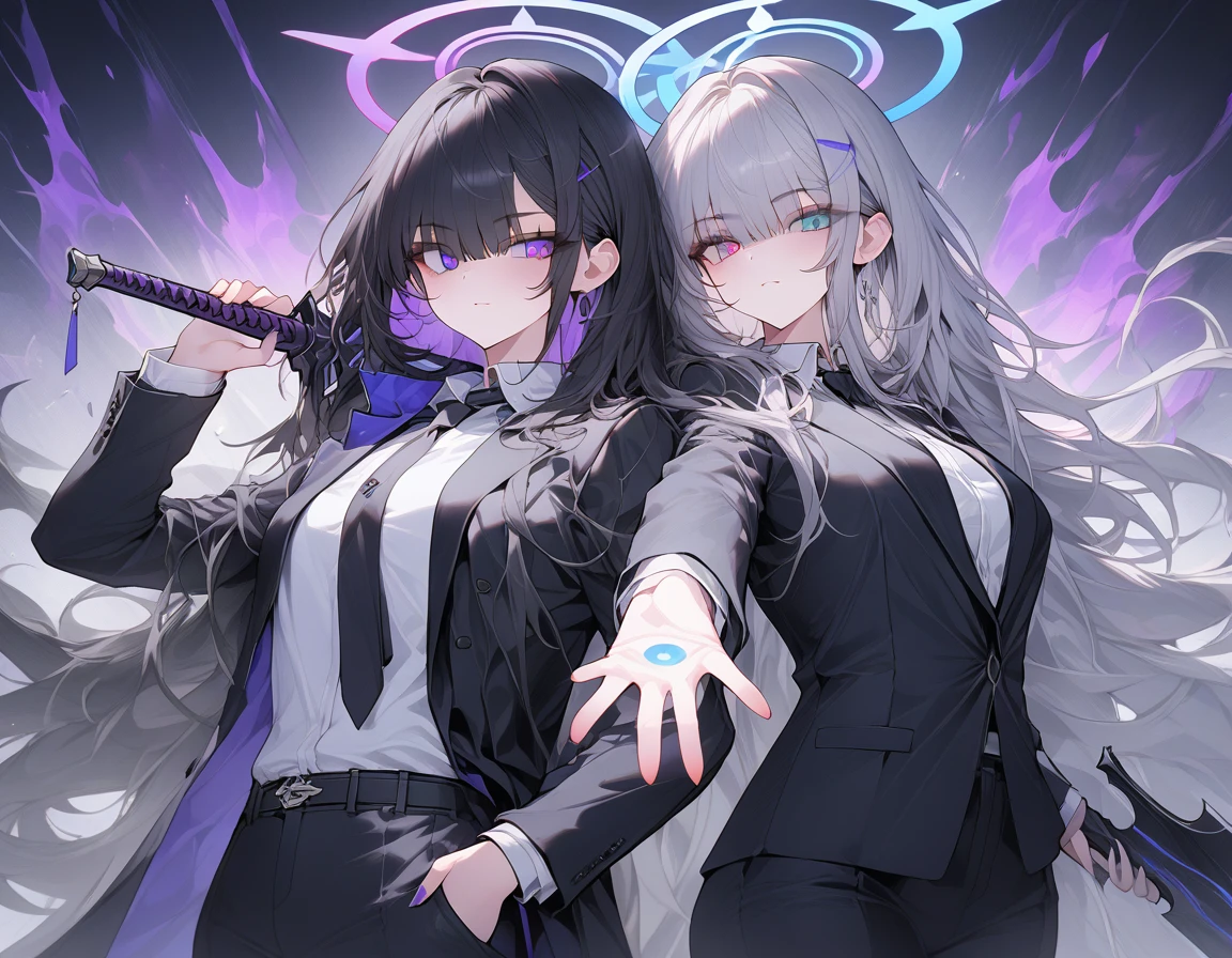 (Highest quality), (High resolution), (masterpiece), (Very detailed), (Bright saturation), (Very detailed目), (Very detailed手), Thigh-length hair, Gray Hair, Different eye color on the left and right, (Purple left eye, Blue right eye), Blue Archive Style, １People Girls, Brandishing a black sword in his right hand, Left hand in pocket, Girl, (Black long coat, White shirt, Black tie, Black trousers, suit), Show the whole body, Countless swords of light are stuck into the ground., Magic circle in the background, Expressionless, Vivid saturation, Black Halo