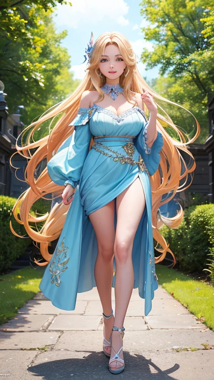 (Highest quality,Super detailed,High resolution,masterpiece,8K),Bright and vibrant colors,Official artwork,Stylish makeup,Long blonde hair fluttering in the wind,Captivating eyes,Glossy Lips,Off the shoulder、Cute girl with ample breasts,Beautiful neck line, Holding,Captivating smile,A solemn atmosphere,Full Body Shot,