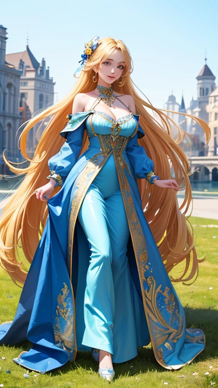 (Highest quality,Super detailed,High resolution,masterpiece,8K),Bright and vibrant colors,Official artwork,Stylish makeup,Long blonde hair fluttering in the wind,Captivating eyes,Glossy Lips,Off the shoulder、Cute girl with ample breasts,Beautiful neck line, Holding,Captivating smile,A solemn atmosphere,Full Body Shot,