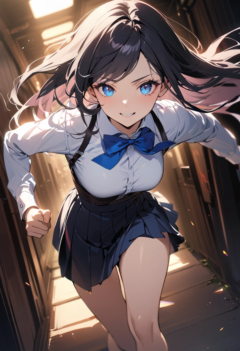 1 girl, long hair, black hair, straight hair, short bangs above brows, happy, 
BREAK (masterpiece), (high resolution 8K), cinematic lighting, professional lighting, detailed eyes and face, detailed body, 
BREAK , blazer, white shirt, blue bowtie, pleated skirt,  
BREAK cowboy shot, dutch angle, 
BREAK night, (depth of field:1.3), portrait, night view, light particles, 