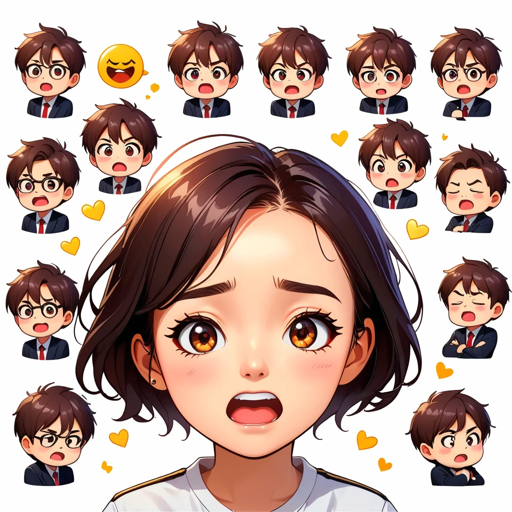 9 poses and expressions, Emoticons [Dizziness, angry, cry, sad, Lovely, Expectations, Laughing, disappointed and shy, ] Sticker Art, White background