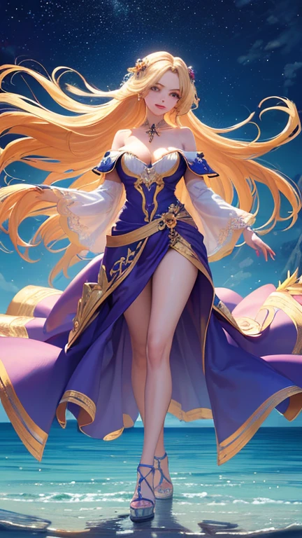 (Highest quality,Super detailed,High resolution,masterpiece,8K),Bright and vibrant colors,Official artwork,Stylish makeup,Long blonde hair fluttering in the wind,Captivating eyes,Glossy Lips,Off the shoulder、Cute girl with ample breasts,Beautiful neck line, Holding,Captivating smile,A solemn atmosphere,Full Body Shot,