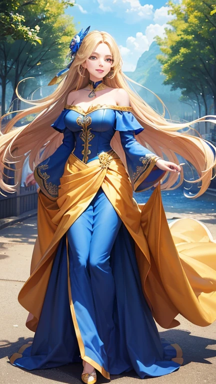 (Highest quality,Super detailed,High resolution,masterpiece,8K),Bright and vibrant colors,Official artwork,Stylish makeup,Long blonde hair fluttering in the wind,Captivating eyes,Glossy Lips,Off the shoulder、Cute girl with ample breasts,Beautiful neck line, Holding,Captivating smile,A solemn atmosphere,Full Body Shot,