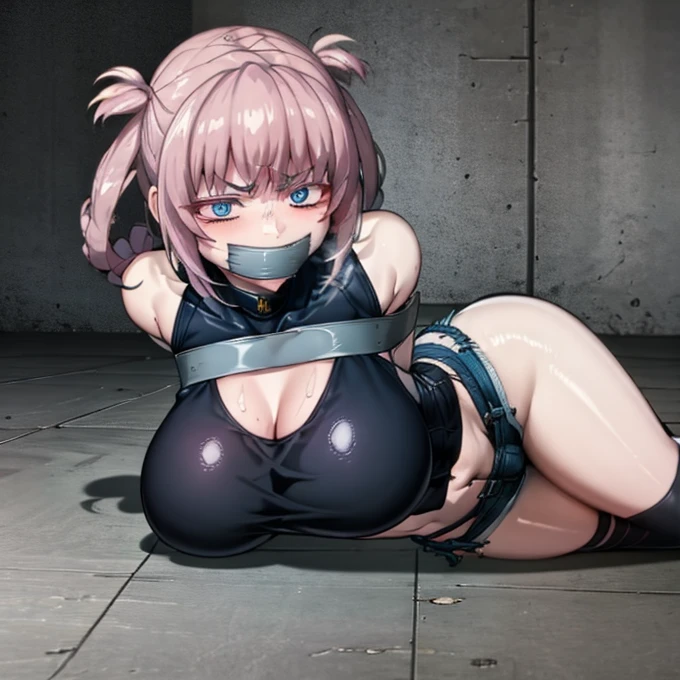 best quality, (masterpiece:1.2), highly detailed,
Dungeon background, 
1girl, solo, 
nanakusa nazusa, annoyed, nervous
On the floor, looking at the viewer, mouth gagged, mouth taped, fang,
blue eyes, pink hair, hair rings, 
sleeveless turtleneck, cleavage cutout, navel, huge breasts, wrists taped, arms taped, arms behind back, very close to viewer, short shorts, tigh highs, leashed by viewer