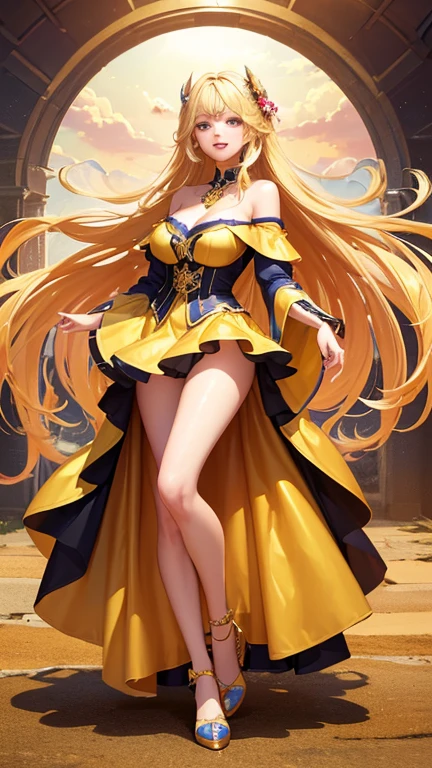 (Highest quality,Super detailed,High resolution,masterpiece,8K),Bright and vibrant colors,Official artwork,Stylish makeup,Long blonde hair fluttering in the wind,Captivating eyes,Glossy Lips,Off the shoulder、Cute girl with ample breasts,Beautiful neck line, Holding,Captivating smile,A solemn atmosphere,Full Body Shot,