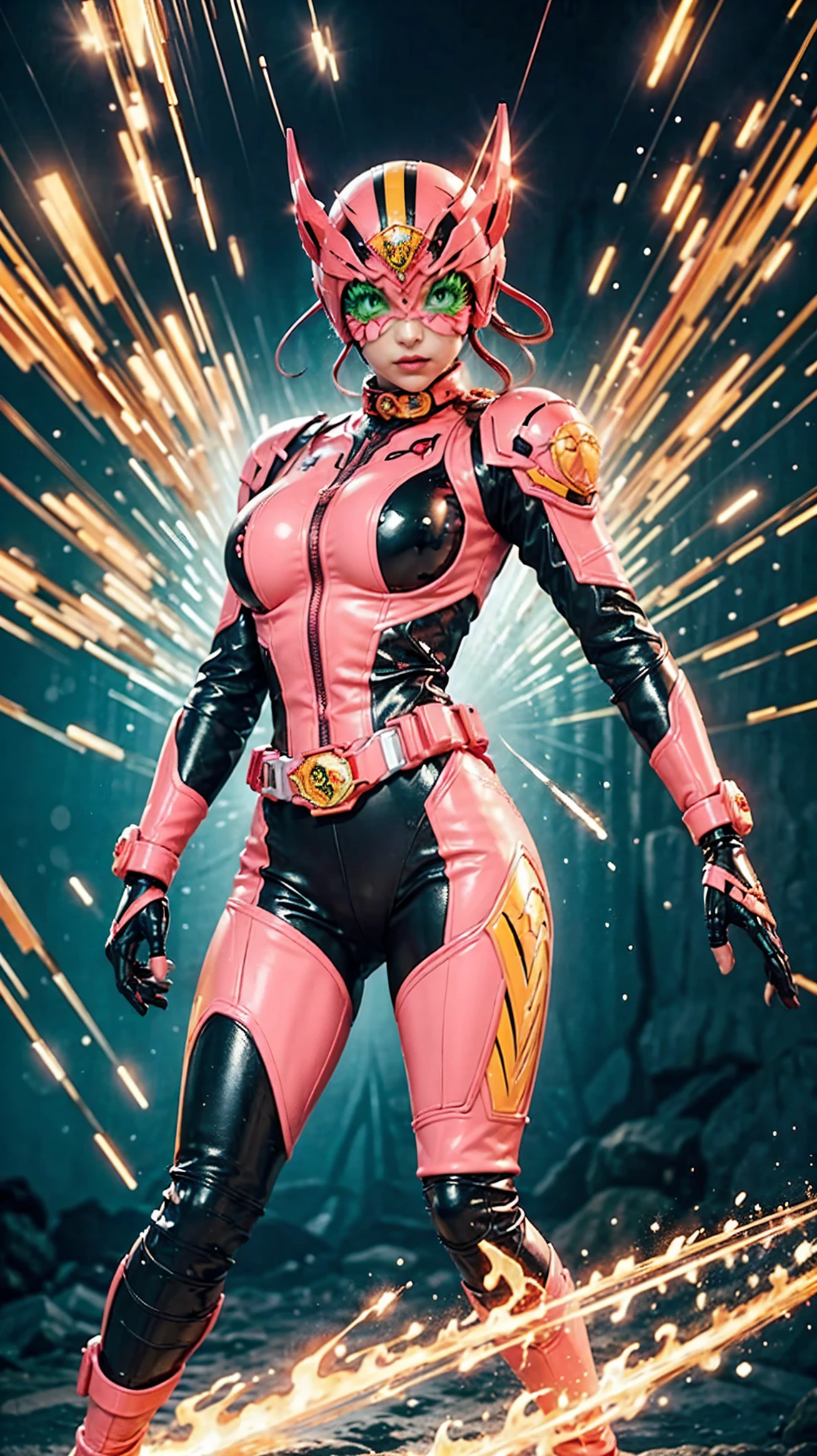 Solo, A brave and courageous image of a 6 member ranger team, Each one is decorated in vibrant colors such as:: ((Pink)), red is front of center, violet, Green, yellow, blue black, white,. Dynamic poses in a background that exudes energy and courage, neon, fire, plasma, Fluorescent, shocking, pink big bomber, splashing pink, running, fighting pose, action pose, Embodying the essence of the classic Sentai superhero team. Each Ranger:: The attire is sophisticated and modern, Each color has elements that reflect its theme., Ready for action. ((Camel Toe)), weapons, in sunset background , in cinematic lighting, cover art mixed cinema poster style,