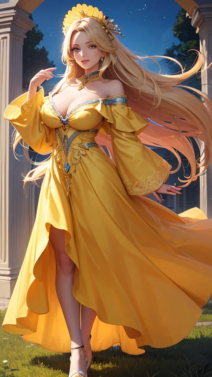 (Highest quality,Super detailed,High resolution,masterpiece,8K),Bright and vibrant colors,Official artwork,Stylish makeup,Long blonde hair fluttering in the wind,Captivating eyes,Glossy Lips,Off the shoulder、Cute girl with ample breasts,Beautiful neck line, Holding,Captivating smile,A solemn atmosphere,Full Body Shot,